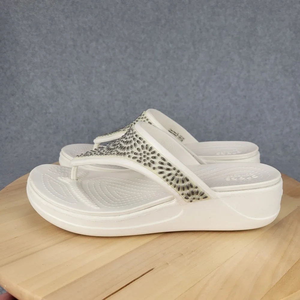 Crocs Monterey Shimmer Wedge Flip Flops Stucco White Metallic‎ Sandals Size 7